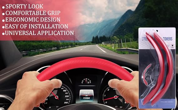 Sporty Steering Wheel Cover, Red Carbon Fibre, Rubber Wheel Cover for car Steering | Non-Slip & Breathable & Odorless, Universal Fit (Red)