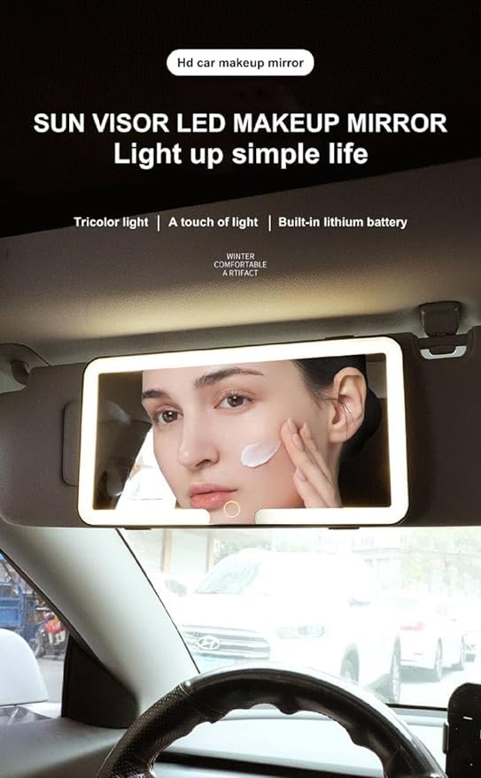 Folkswheel Car Sun Visor Vanity Mirror, Big Led Car Mirror with 3 Light Modes & 80 LEDs, Rechargeable Car Makeup Mirror - Dimmable Touch Control, Car Light Up Mirror Universal for Car