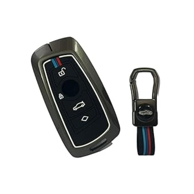 Metal Silicone Key Cover Shell Keyless Key Hard Case with Keychain Compatible with B-MW 1 3 5 7 Series X3 X4 X5 X6(Black)