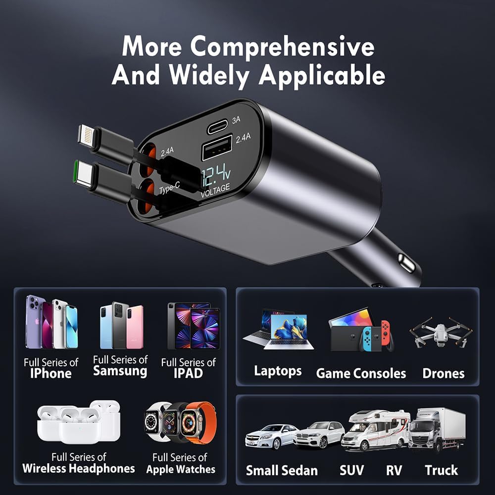 Folkswheel Retractable Car Charger, 100W 4 In 1 Super Fast Charge Car Phone Charger, Retractable Cables (31.5 Inch) And 2 Usb Ports Car Adapter For Iphone 15/14/13/12 Pro Max Xr, Ipad, Pixel, Silver