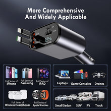 Load image into Gallery viewer, Folkswheel Retractable Car Charger, 100W 4 In 1 Super Fast Charge Car Phone Charger, Retractable Cables (31.5 Inch) And 2 Usb Ports Car Adapter For Iphone 15/14/13/12 Pro Max Xr, Ipad, Pixel, Silver