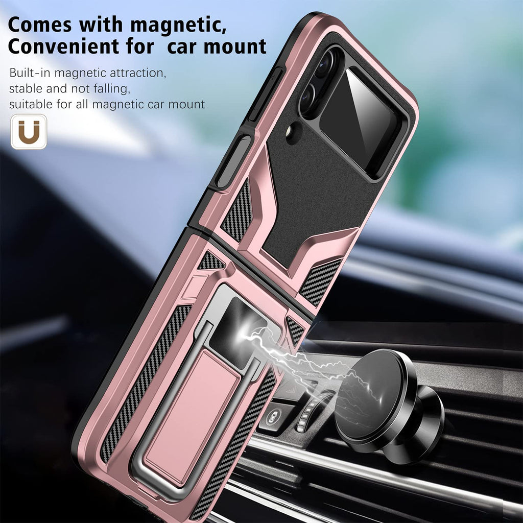 Folkswheel_Samsung Galaxy Z Flip-4 Magnetic Kick Stand Hybrid Cover_Black,Green & Pink