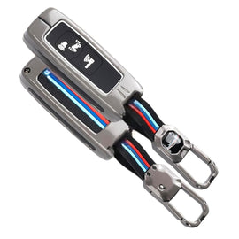 Folkswheel Metal Alloy Scooter Key Cover & Soft Silicon Black Striped Case & Holder with Keychain Compatible for Honda Activa, Dio H-Smart (2 Button Push Smart Key)