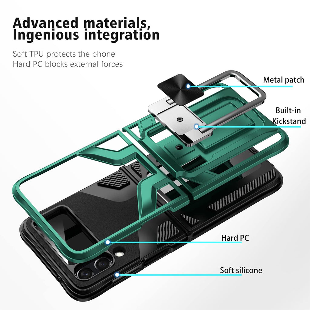 Folkswheel_Samsung Galaxy Z Flip-4 Magnetic Kick Stand Hybrid Cover_Black,Green & Pink