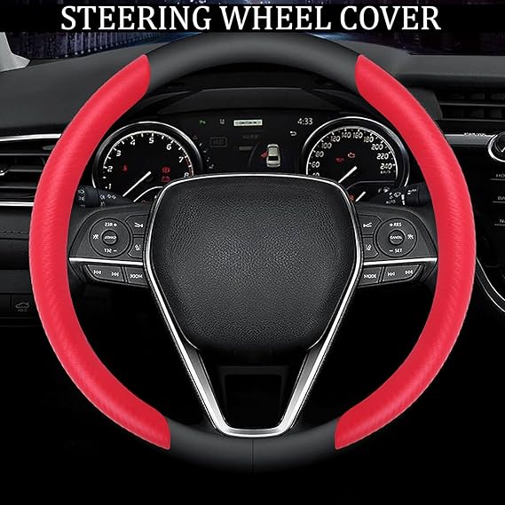 Sporty Steering Wheel Cover, Red Carbon Fibre, Rubber Wheel Cover for car Steering | Non-Slip & Breathable & Odorless, Universal Fit (Red)