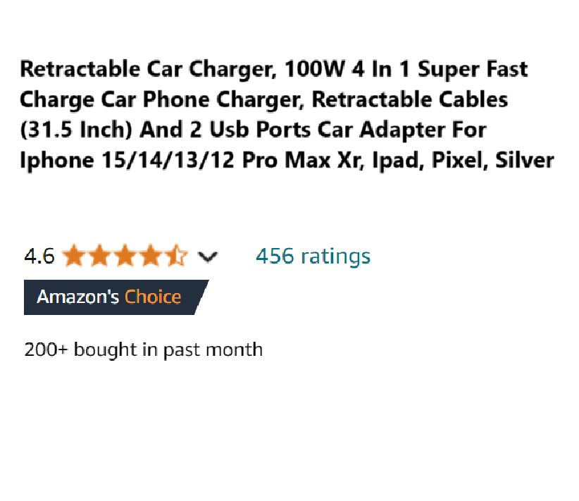 Folkswheel Retractable Car Charger, 100W 4 In 1 Super Fast Charge Car Phone Charger, Retractable Cables (31.5 Inch) And 2 Usb Ports Car Adapter For Iphone 15/14/13/12 Pro Max Xr, Ipad, Pixel, Silver