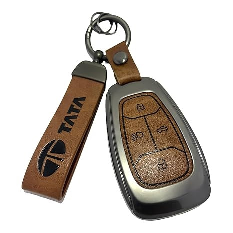 FOLKSWHEEL Zinc Metal Alloy Leather Car Key Cover & Case Brown with Keychain & Holder fit for TATA Nexon, Punch, Altroz, Tigor, Harrier, Safari, Gravitas (4 Button Push Smart Key)