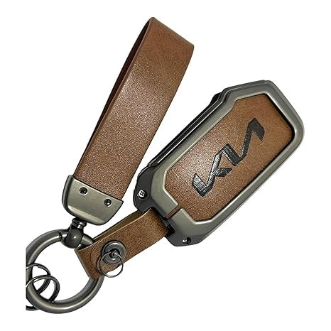 Zinc Metal Alloy Leather Car Key Cover & Case Brown with Keychain & Holder Compatible for KIA Seltos, Sonet, Carens (4 Button Push Smart Key)