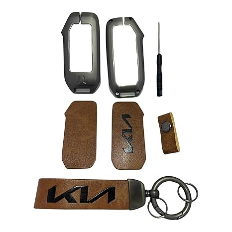 Zinc Metal Alloy Leather Car Key Cover & Case Brown with Keychain & Holder Compatible for KIA Seltos, Sonet, Carens (4 Button Push Smart Key)