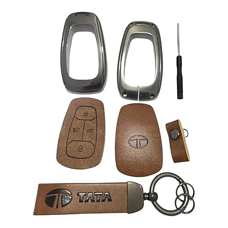 FOLKSWHEEL Zinc Metal Alloy Leather Car Key Cover & Case Brown with Keychain & Holder fit for TATA Nexon, Punch, Altroz, Tigor, Harrier, Safari, Gravitas (4 Button Push Smart Key)