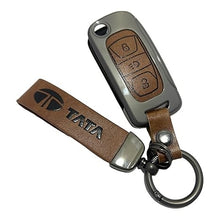 Load image into Gallery viewer, FOLKSWHEEL Zinc Metal Alloy Leather Car Key Cover &amp; Case Brown with Keychain &amp; Holder fit for TATA Nexon, Punch, Altroz, Tigor, Tiago, Harrier, Zets, Bolt, Hexa, Storme (3 BT Flip Key)