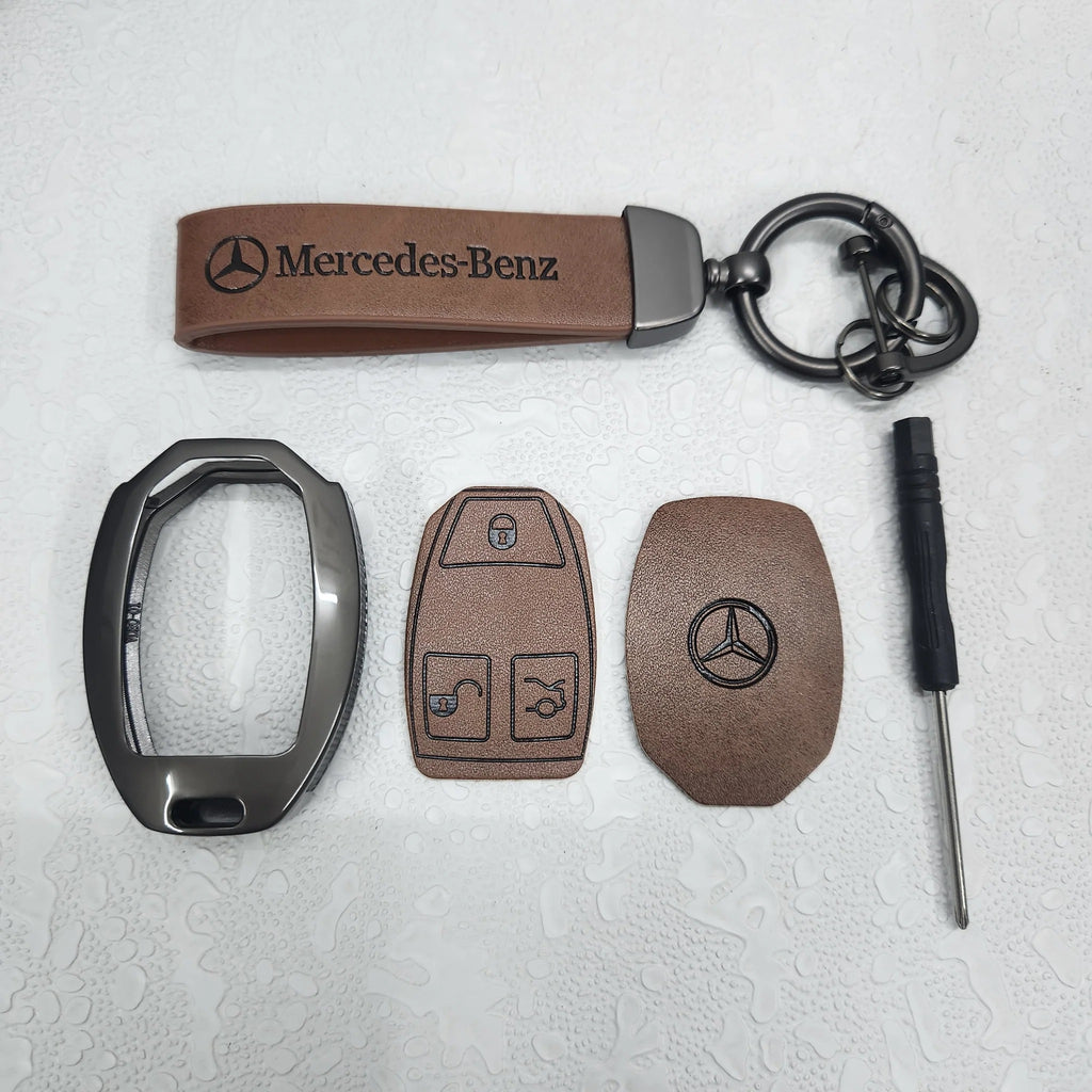 FOLKSWHEEL Mercedes Old Key Metal Alloy Leather Keycase with Holder & Rope Chain