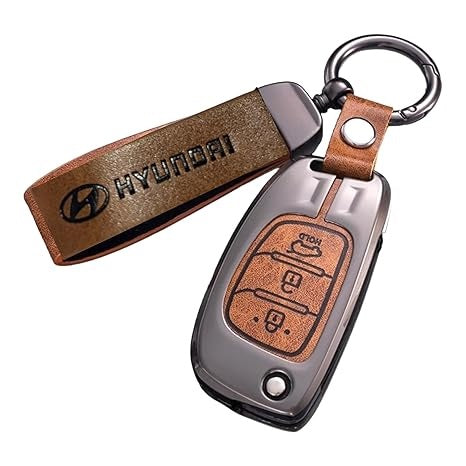 Zinc Metal Alloy Leather Car Key Cover & Case Brown with Keychain fit for Hyundai Creta, Exter, I10 Grand Nios, I20 Elite, I20 (2020), Aura, Venue, I20 Active, Xcent (3 BT Flip Key)