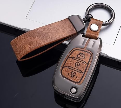 Zinc Metal Alloy Leather Car Key Cover & Case Brown with Keychain fit for Hyundai Creta, Exter, I10 Grand Nios, I20 Elite, I20 (2020), Aura, Venue, I20 Active, Xcent (3 BT Flip Key)