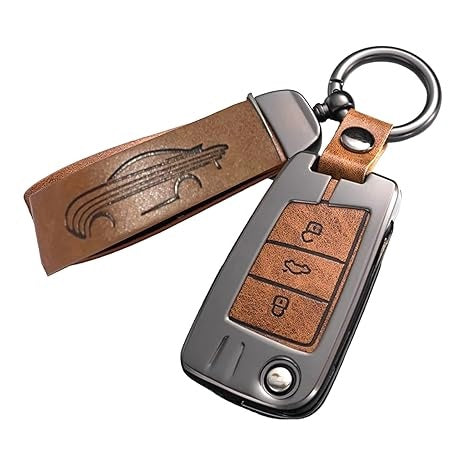 Zinc Metal Alloy Leather Car Key Cover & Case Brown with Keychain & Holder Compatible for VW Taiguan, Virtus, Tiguan, T-ROC, Jetta (3 Button Flip Key New)