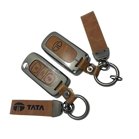 FOLKSWHEEL Zinc Metal Alloy Leather Car Key Cover & Case Brown with Keychain & Holder fit for TATA Nexon, Punch, Altroz, Tigor, Tiago, Harrier, Zets, Bolt, Hexa, Storme (3 BT Flip Key)