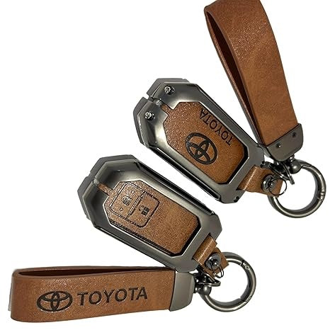 FOLKSWHEEL Zinc Metal Alloy Leather Car Key Cover & Case Brown with Keychain & Holder Compatible for Toyota Glanza, Urban Cruiser hyryder, Rumion (2 Button Push Smart Key)