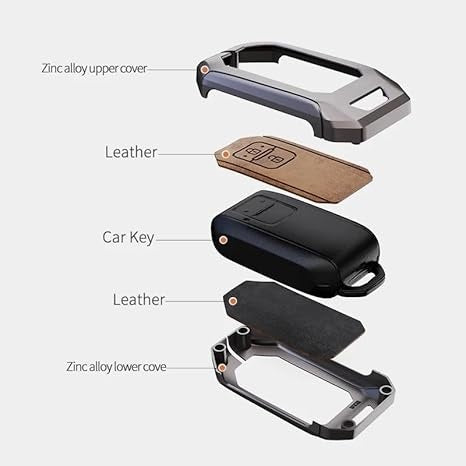 FOLKSWHEEL Zinc Metal Alloy Leather Car Key Cover & Case Brown with Keychain & Holder Compatible for Toyota Glanza, Urban Cruiser hyryder, Rumion (2 Button Push Smart Key)