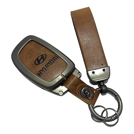 Zinc Metal Alloy Leather Car Key Cover & Case Brown with Keychain fit for Hyundai Creta, Exter, I10 Grand Nios, I20 Elite, I20 (2020), Aura, Venue, I20 Active, Xcent (3 BT Flip Key)