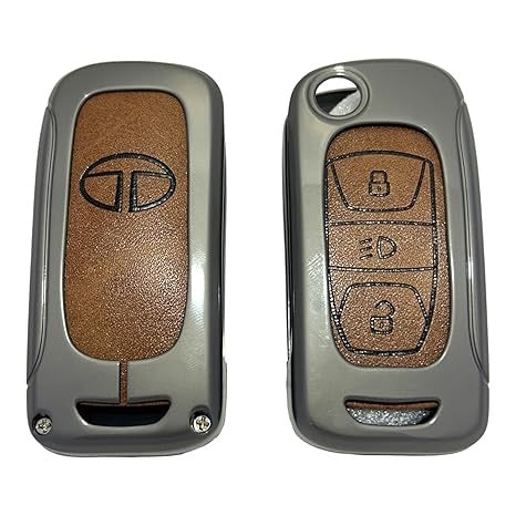 FOLKSWHEEL Zinc Metal Alloy Leather Car Key Cover & Case Brown with Keychain & Holder fit for TATA Nexon, Punch, Altroz, Tigor, Tiago, Harrier, Zets, Bolt, Hexa, Storme (3 BT Flip Key)