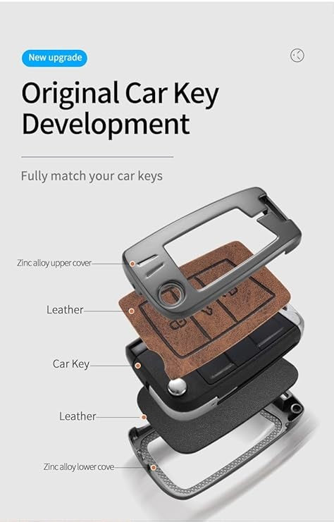 Zinc Metal Alloy Leather Car Key Cover & Case Brown with Keychain & Holder Compatible for VW Taiguan, Virtus, Tiguan, T-ROC, Jetta (3 Button Flip Key New)