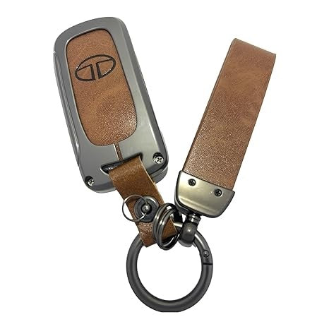 FOLKSWHEEL Zinc Metal Alloy Leather Car Key Cover & Case Brown with Keychain & Holder fit for TATA Nexon, Punch, Altroz, Tigor, Tiago, Harrier, Zets, Bolt, Hexa, Storme (3 BT Flip Key)