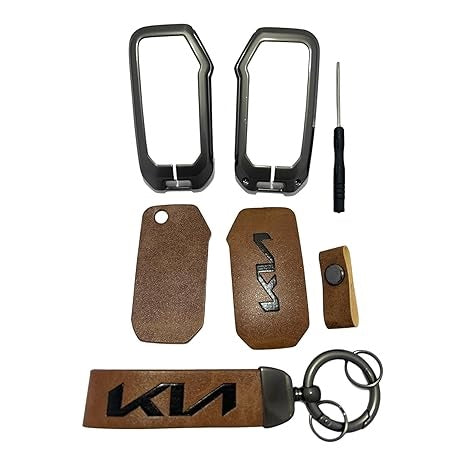 FOLKSWHEEL Zinc Metal Alloy Leather Car Key Cover & Case Brown with Keychain & Holder Compatible for KIA Seltos, Sonet, Carens (3 Button Flip Key)