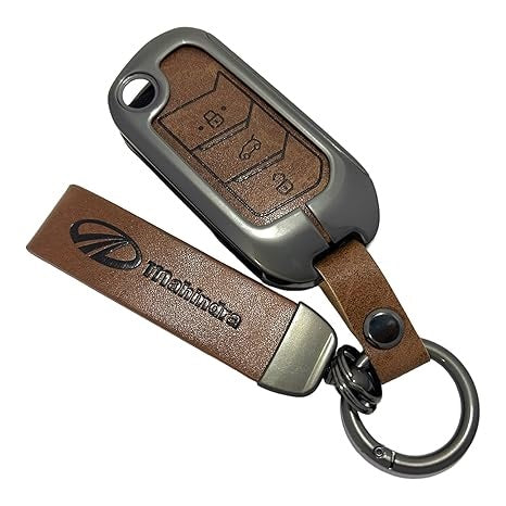 FOLKSWHEEL Zinc Metal Alloy Leather Car Key Cover with Keychain & Holder fit for Mahindra Scorpio, Bolero, XUV700, XUV300, Thar, TUV300 Plus, XUV400, Marazzo (3 BT Flip Key)