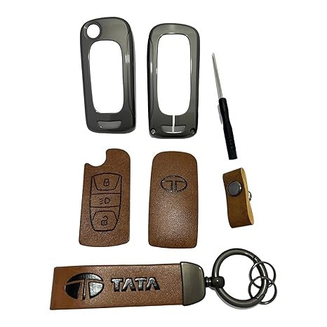 FOLKSWHEEL Zinc Metal Alloy Leather Car Key Cover & Case Brown with Keychain & Holder fit for TATA Nexon, Punch, Altroz, Tigor, Tiago, Harrier, Zets, Bolt, Hexa, Storme (3 BT Flip Key)