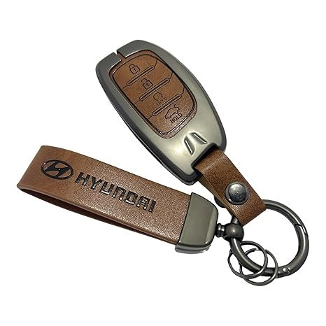 FOLKSWHEEL Zinc Metal Alloy Leather Car Key Cover & Case Brown with Keychain & Holder fit for Hyundai Creta, Venue, I20 (2021), Alacazar, Elantra, Tuscon (4 Button Push Smart)