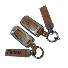 Load image into Gallery viewer, FOLKSWHEEL Zinc Metal Alloy Leather Car Key Cover &amp; Case Brown with Keychain &amp; Holder fit for TATA Nexon, Punch, Altroz, Tigor, Tiago, Harrier, Zets, Bolt, Hexa, Storme (3 BT Flip Key)