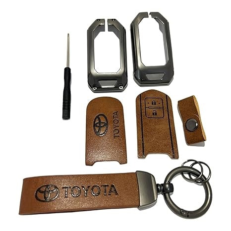 FOLKSWHEEL Zinc Metal Alloy Leather Car Key Cover & Case Brown with Keychain & Holder Compatible for Toyota Glanza, Urban Cruiser hyryder, Rumion (2 Button Push Smart Key)