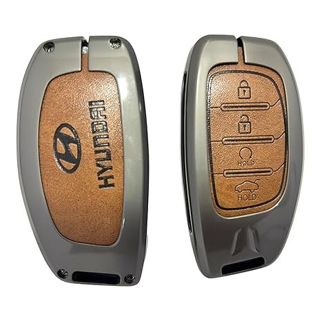 FOLKSWHEEL Zinc Metal Alloy Leather Car Key Cover & Case Brown with Keychain & Holder fit for Hyundai Creta, Venue, I20 (2021), Alacazar, Elantra, Tuscon (4 Button Push Smart)