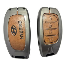 Load image into Gallery viewer, FOLKSWHEEL Zinc Metal Alloy Leather Car Key Cover &amp; Case Brown with Keychain &amp; Holder fit for Hyundai Creta, Venue, I20 (2021), Alacazar, Elantra, Tuscon (4 Button Push Smart)