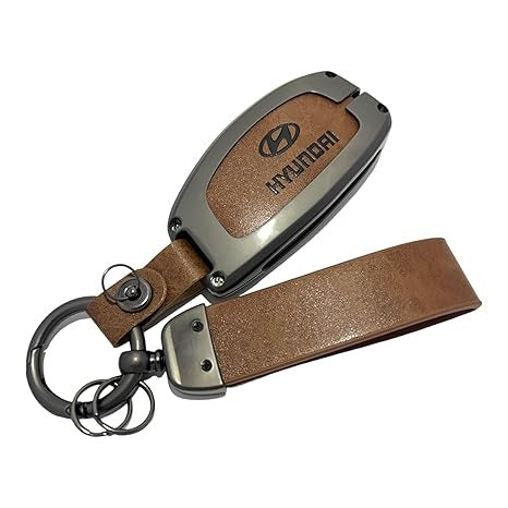 FOLKSWHEEL Zinc Metal Alloy Leather Car Key Cover & Case Brown with Keychain & Holder fit for Hyundai Creta, Venue, I20 (2021), Alacazar, Elantra, Tuscon (4 Button Push Smart)