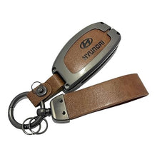 Load image into Gallery viewer, FOLKSWHEEL Zinc Metal Alloy Leather Car Key Cover &amp; Case Brown with Keychain &amp; Holder fit for Hyundai Creta, Venue, I20 (2021), Alacazar, Elantra, Tuscon (4 Button Push Smart)