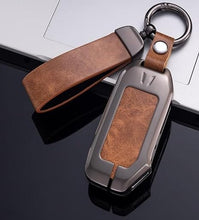 Load image into Gallery viewer, Zinc Metal Alloy Leather Car Key Cover &amp; Case Brown with Keychain &amp; Holder Compatible for KIA Seltos, Sonet, Carens (4 Button Push Smart Key)