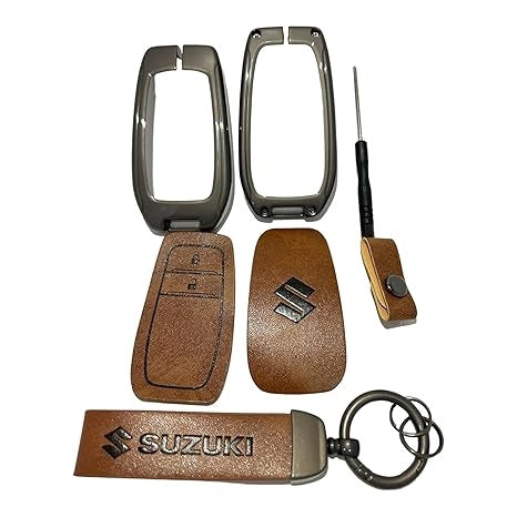 FOLKSWHEEL Zinc Metal Alloy Leather Car Key Cover & Case Brown with Keychain & Holder Compatible for Maruti Suzuki Invicto (2 Button Push Smart Key)