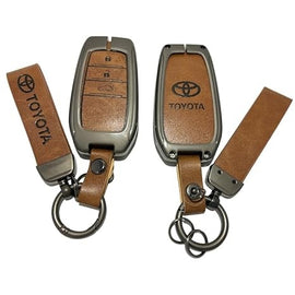 FOLKSWHEEL Zinc Metal Alloy Leather Car Key Cover & Case Brown with Keychain & Holder fit for Toyota Fortuner, Legender, Innova Crysta, HyCross, Land Cruiser, Hilux (3 BT Push Smart Key)
