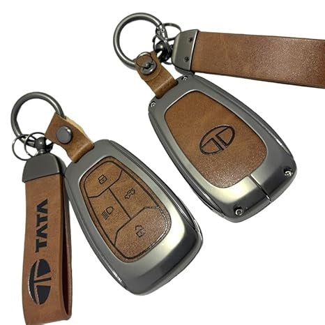 FOLKSWHEEL Zinc Metal Alloy Leather Car Key Cover & Case Brown with Keychain & Holder fit for TATA Nexon, Punch, Altroz, Tigor, Harrier, Safari, Gravitas (4 Button Push Smart Key)