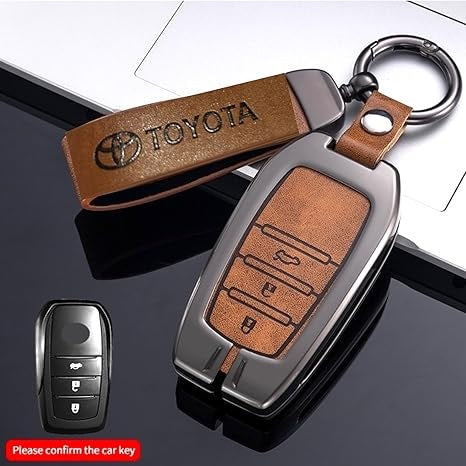 FOLKSWHEEL Zinc Metal Alloy Leather Car Key Cover & Case Brown with Keychain & Holder fit for Toyota Fortuner, Legender, Innova Crysta, HyCross, Land Cruiser, Hilux (3 BT Push Smart Key)