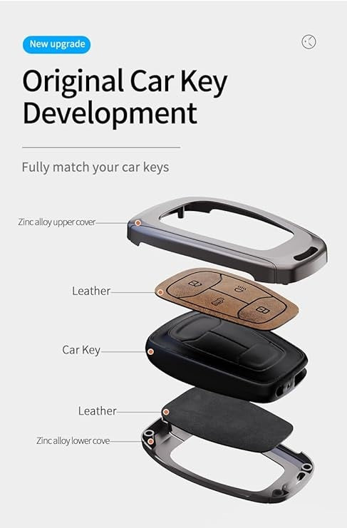 FOLKSWHEEL Zinc Metal Alloy Leather Car Key Cover & Case Brown with Keychain & Holder fit for TATA Nexon, Punch, Altroz, Tigor, Harrier, Safari, Gravitas (4 Button Push Smart Key)