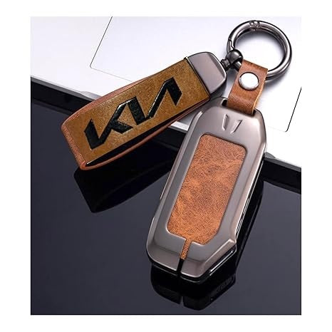 Zinc Metal Alloy Leather Car Key Cover & Case Brown with Keychain & Holder Compatible for KIA Seltos, Sonet, Carens (4 Button Push Smart Key)