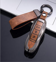 Load image into Gallery viewer, FOLKSWHEEL Zinc Metal Alloy Leather Car Key Cover with Keychain &amp; Holder fit for Porsche (3 BT Key)