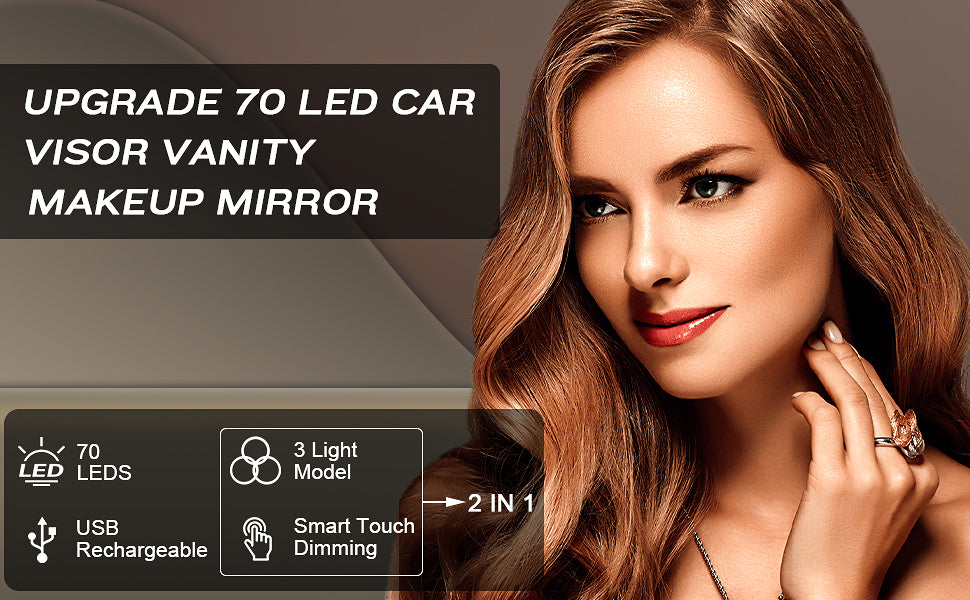 Folkswheel Car Sun Visor Vanity Mirror, Big Led Car Mirror with 3 Light Modes & 80 LEDs, Rechargeable Car Makeup Mirror - Dimmable Touch Control, Car Light Up Mirror Universal for Car