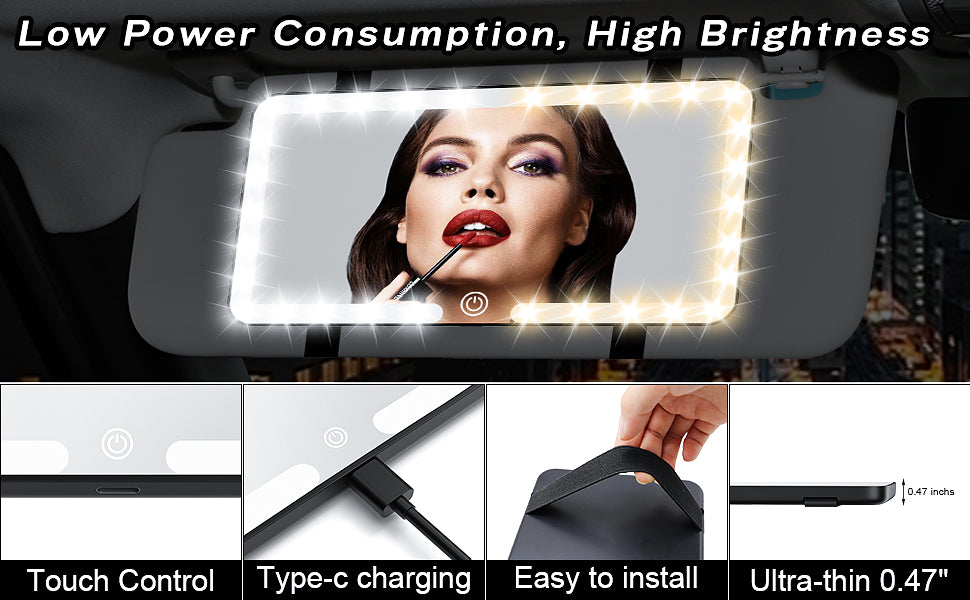 Folkswheel Car Sun Visor Vanity Mirror, Big Led Car Mirror with 3 Light Modes & 80 LEDs, Rechargeable Car Makeup Mirror - Dimmable Touch Control, Car Light Up Mirror Universal for Car