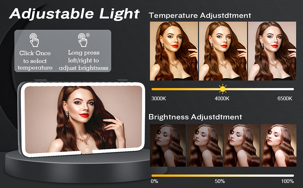 Folkswheel Car Sun Visor Vanity Mirror, Big Led Car Mirror with 3 Light Modes & 80 LEDs, Rechargeable Car Makeup Mirror - Dimmable Touch Control, Car Light Up Mirror Universal for Car